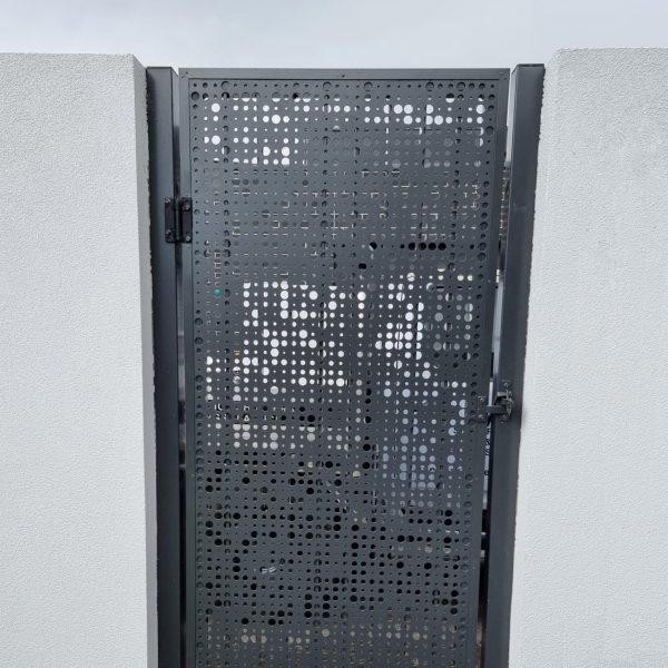 Webforge Locker Champagne 3mm perforated aluminium mesh used to add privacy screening to a side gate