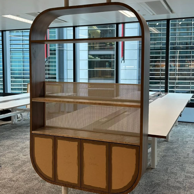 Perforated mesh as office acoustic screens and stylish cabinets