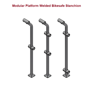 Modular Platform Welded Bikesafe Stanchion, 2, 3 rail or a Balustrade system, 32 or 40 Nominal Bore upright, STD Drill